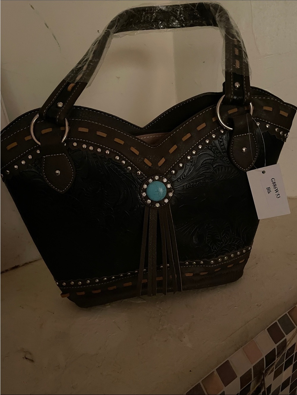 Justin West Women's Black Faux Leather Western Tote with Turquoise Accent